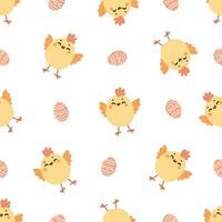 Seamless vector pattern on white background. Cute chicken and Easter eggs