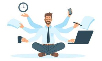 Flat vector illustration. Young man in office clothes with three pairs of hands doing many things at the same time. Concept of multitasking and calmness