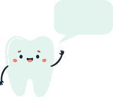 Flat vector illustration. Cute tooth with a face smiling and saying something. Speech bubble for your text