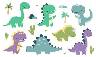 Set of flat vector illustrations in children's style. Cute kind dinosaurs, palm trees and cacti.