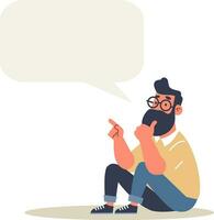 Flat vector illustration. A man is sitting in a pensive pose and says something. Speech bubble for your text