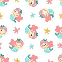 Seamless vector pattern in children's style. Cute mermaid and starfish on white background