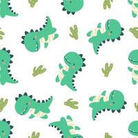 Seamless vector pattern in child style on white background. Cute dinosaur and cacti.