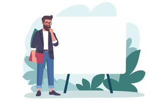 Flat vector illustration. Man standing next to banner and thinking, question mark. Concept of problem solving. Place for your text on the banner