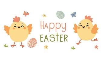 Cute banner on the theme of Easter holiday. Cute chickens and Easter eggs, the inscription Happy Easter. vector