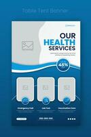 Medical healthcare table tent banner template. Display doctor service promotion on table, menu card for restaurant, billboard, rollup in abstract blue colorful shapes vector