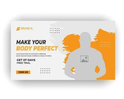 Gym post video thumbnail and creative web banner design template vector