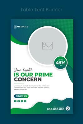 Medical healthcare table tent banner template. Display doctor service promotion on table, menu card for restaurant, billboard, rollup in abstract green color shapes