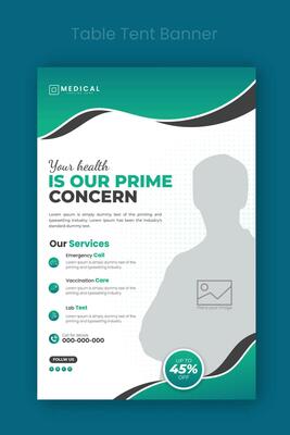Medical healthcare table tent banner template. Display doctor service promotion on table, menu card for restaurant, billboard, rollup in abstract green color shapes