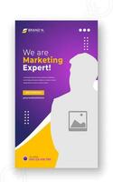 Corporate and creative marketing solutions social media story, cover template, abstract business promotion specialist web banner design in orange gradient color on purple background vector