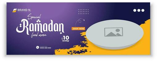 Special Ramadan Kareem Iftar date fall social media cover design, delicious Ramadan food menu post template, discount offer, restaurant web banner, abstract yellow color shape purple background vector