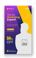 Corporate and creative marketing solutions social media story, cover template, abstract business promotion specialist web banner design in orange gradient color on purple background vector