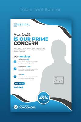 Medical healthcare table tent banner template. Display doctor service promotion on table, menu card for restaurant, billboard, rollup in abstract blue colorful shapes