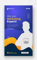 Digital marketing solution or corporate business social media story template design with abstract orange gradient color shapes on blue background vector