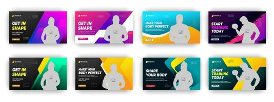 Fitness gym thumbnail and web banner bundle template vector