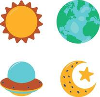 Outer Space Birthday Icons. Flat Cartoon Style. Isolated Vector Set