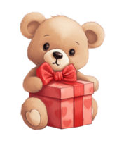 AI generated illustration of cute bear cartoon holding red box gift for valentine's ai generated png