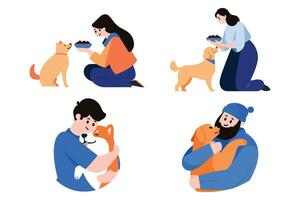 people pet their dog in flat style collection vector