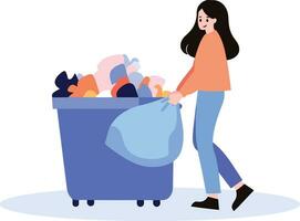 mujer tomando fuera basura en plano estilo aislado en antecedentes vector