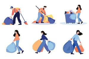 people taking out trash in flat style collection vector