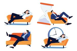 people tired and lying down on couch in flat style collection vector