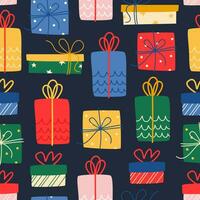 Festive vector pattern with gifts on a dark background.