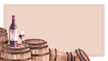 ein Gruppe von hölzern alt Fässer mit Flasche und Glas von rot Wein. Aquarell Hand zeichnen Essen Illustration auf farbig Hintergrund. Wein Herstellung Vorlage zum Banner, Karte, trinken Speisekarte, Wein Liste. png