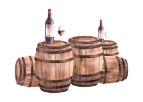 A group of wooden old barrels with bottles and glasses of red wine. Watercolour hand draw food illustration Wine making arrangement for print of sticker, drink menu, wine list png