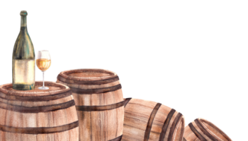 A group of wooden old barrels with bottle and glass white wine. Watercolour hand draw food illustration  Wine making template for banner, card, drink menu, wine list print png