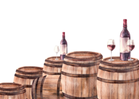 A group of wooden old barrels with bottles and glasses of red wine. Watercolour hand draw food illustration. Wine making template for banner, card, drink menu, wine list print png