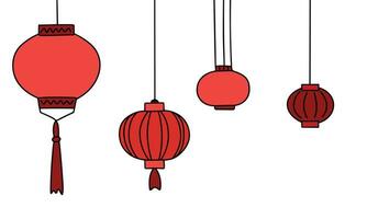 Set of hand drawn Chinese lanterns. Outline doodle Chinese Lantern. Hand drawn vector art.