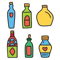 Poison bottle set colored outline. Isolated doodle bottles with colored. Hand drawn vector art