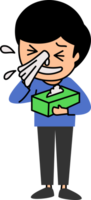 cute little boy sneezing with flu and blowing nose into tissue paper png