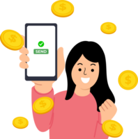 woman excited holding smartphone and dollar coins png