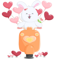 Cartoon rabbit driving scooter with balloon and red heart ,element valentines day png