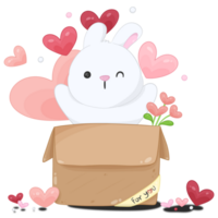 dessin animé lapin dans une papier carton boîte avec cœur fleur et rouge cœur élément valentines journée png