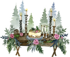 Watercolor christmas compositions with christmas dinner table with champagne png