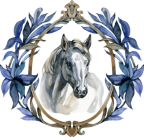 Hand-drawn graphic white horse portrait watercolor emblem png