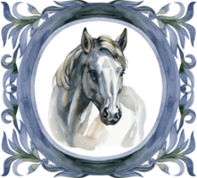 White Horse in vintage frame, circle, antique style illustration png