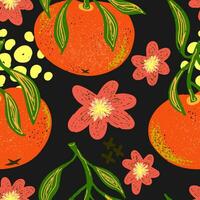 a pattern with oranges and flowers on a black background vector