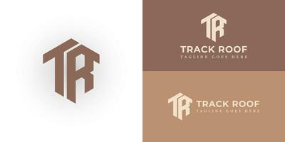 Abstract TR initial letters looping linked hexagon monogram logo in brown color presented with multiple background colors. The logo is suitable for a roofing company logo design inspiration template vector