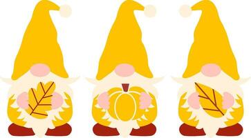 Cute fall gnomes vector illustration isolated on white background. Autumn gnomes with pumpkin and leaves. Funny cartoon characters