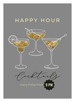 Modern flat happy hour cocktails print. Colorful background with cocktail glasses. Cafe, bar and restaurant concept poster and web banner. Vector illustration.