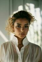 AI generated Stunning beautiful young woman with high contrast shadow and fashionable style photo