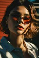 AI generated Stunning beautiful young woman with high contrast shadow and fashionable style photo