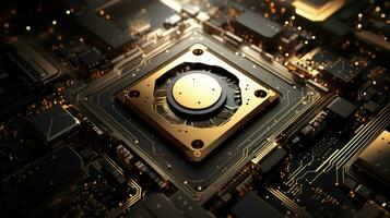 AI generated Golden black circuit board chip tech background. Generative AI photo
