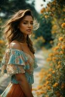 AI generated Stunning beautiful young woman with high contrast shadow and fashionable style photo