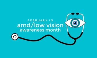 Amd low vision awareness month observed every year in month of February. Banner, poster, card template design. Health awareness. vector