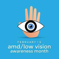 Amd low vision awareness month observed every year in month of February. Banner, poster, card template design. Health awareness. vector