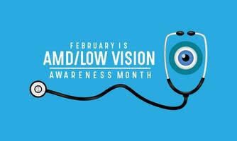 Amd low vision awareness month observed every year in month of February. Banner, poster, card template design. Health awareness. vector